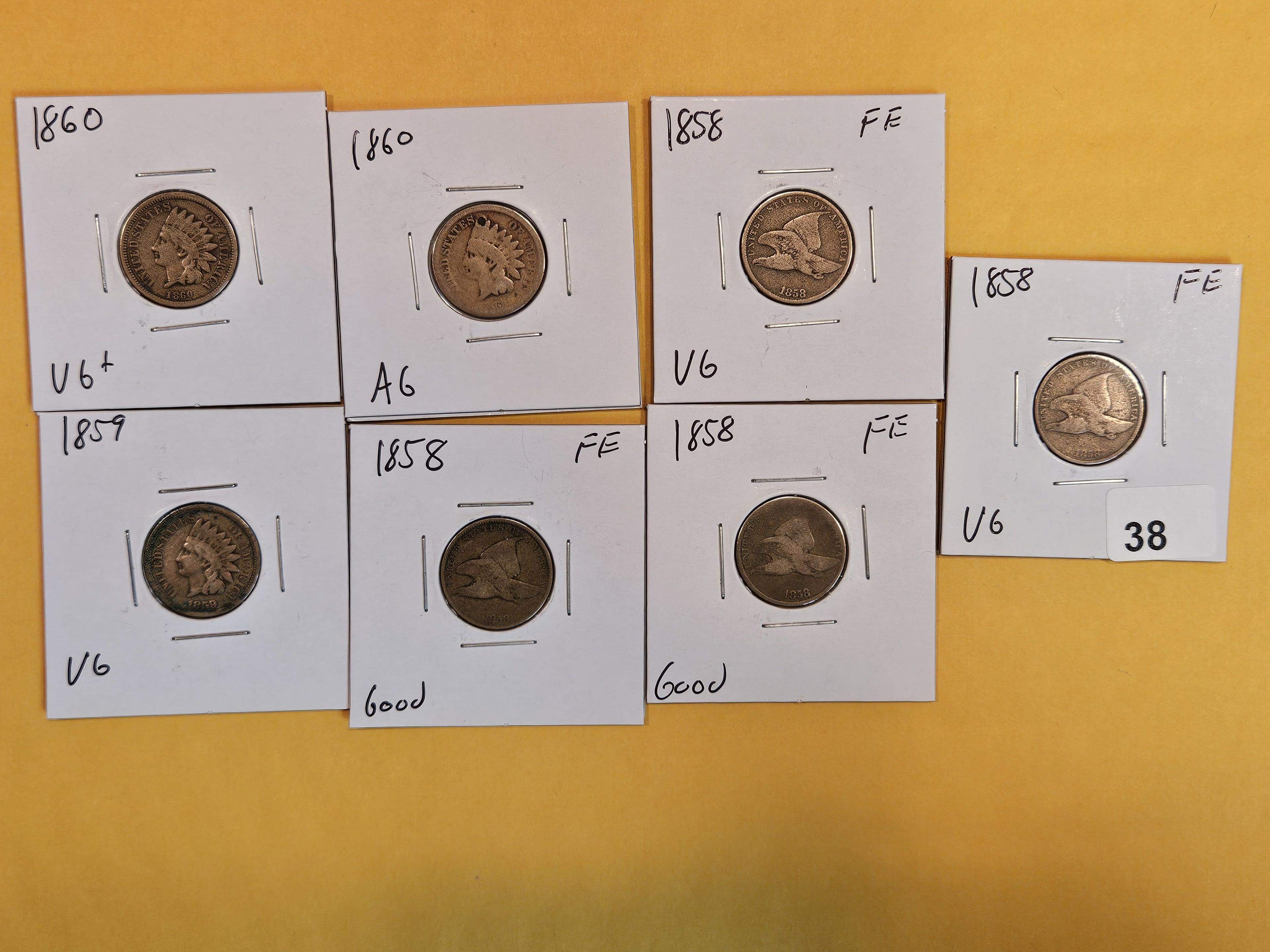 Seven Small Copper-Nickel Indian and Flying Eagle Cents