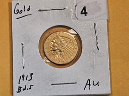 GOLD! 1913 Indian $2.5 Dollars in About Uncirculated