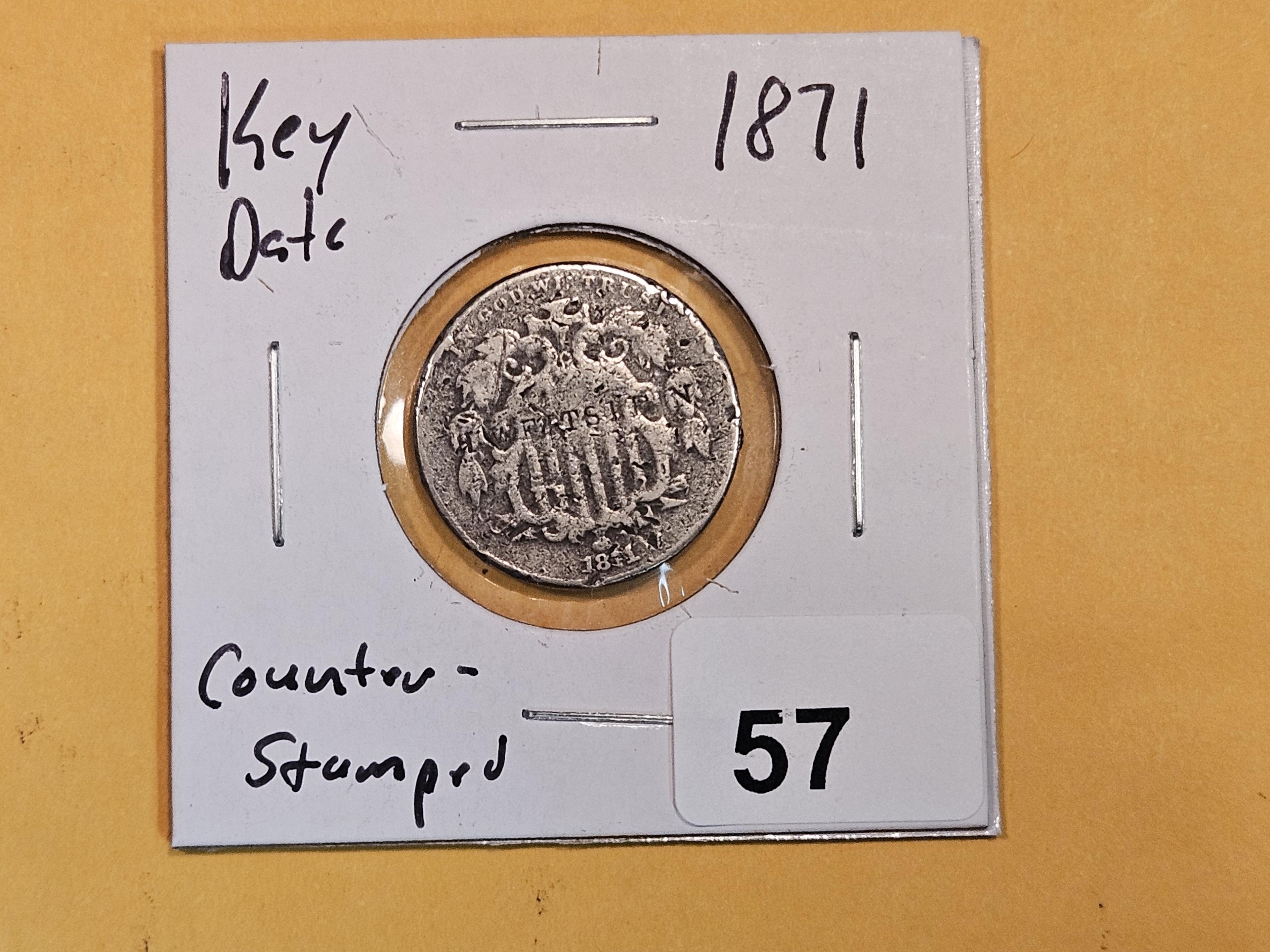 KEY DATE and Counterstamp 1871 Shield Nickel
