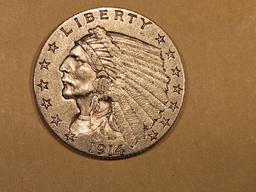 GOLD! 1914-D Indian $2.5 Dollars in About Uncirculated