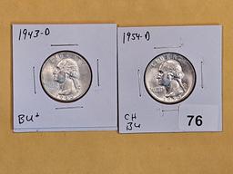 1943-D and 1954-D silver Washington Quarters