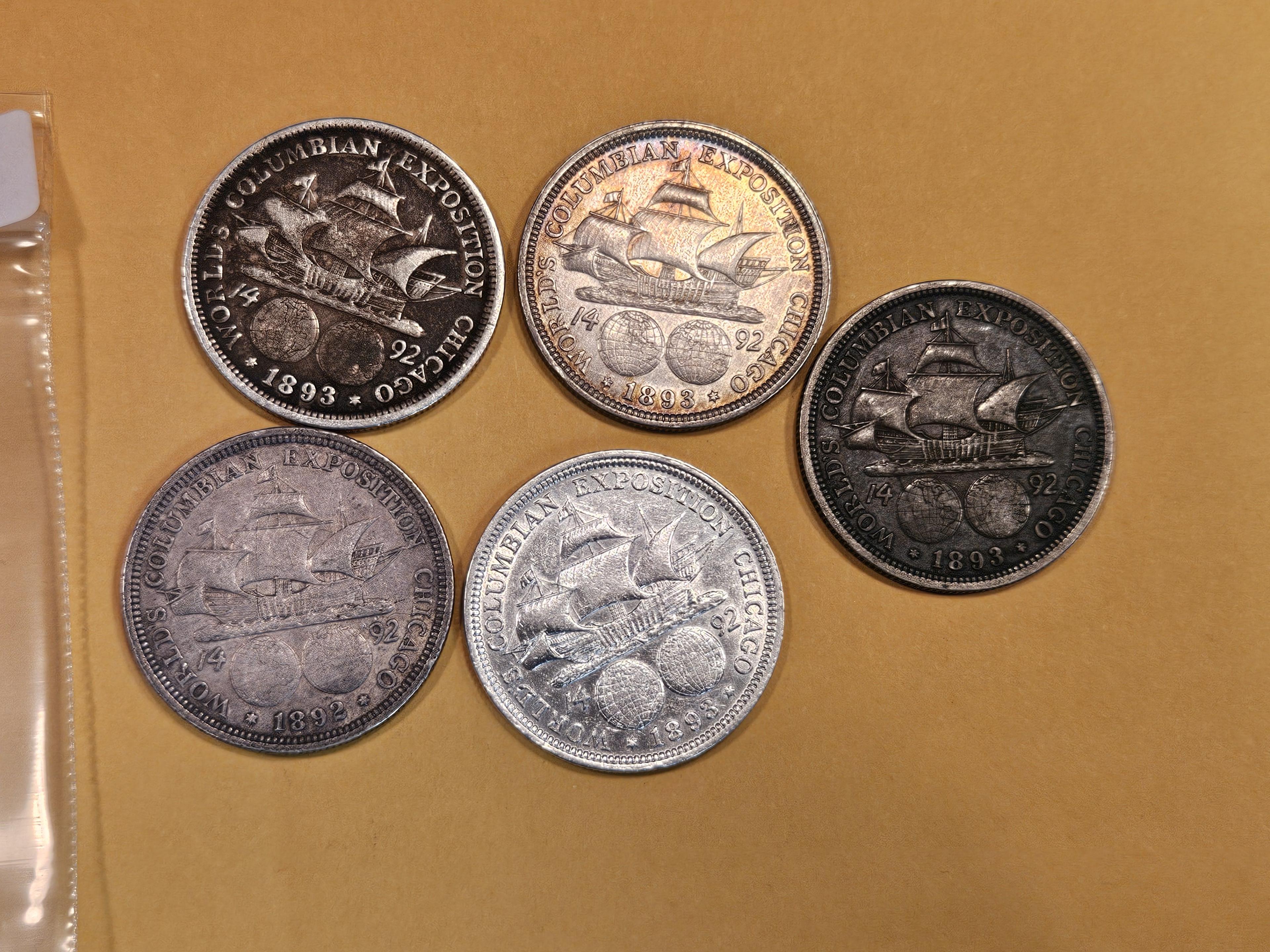 Five silver Columbian Commemorative half Dollars