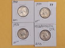Four nice, mixed, silver Washington Quarters