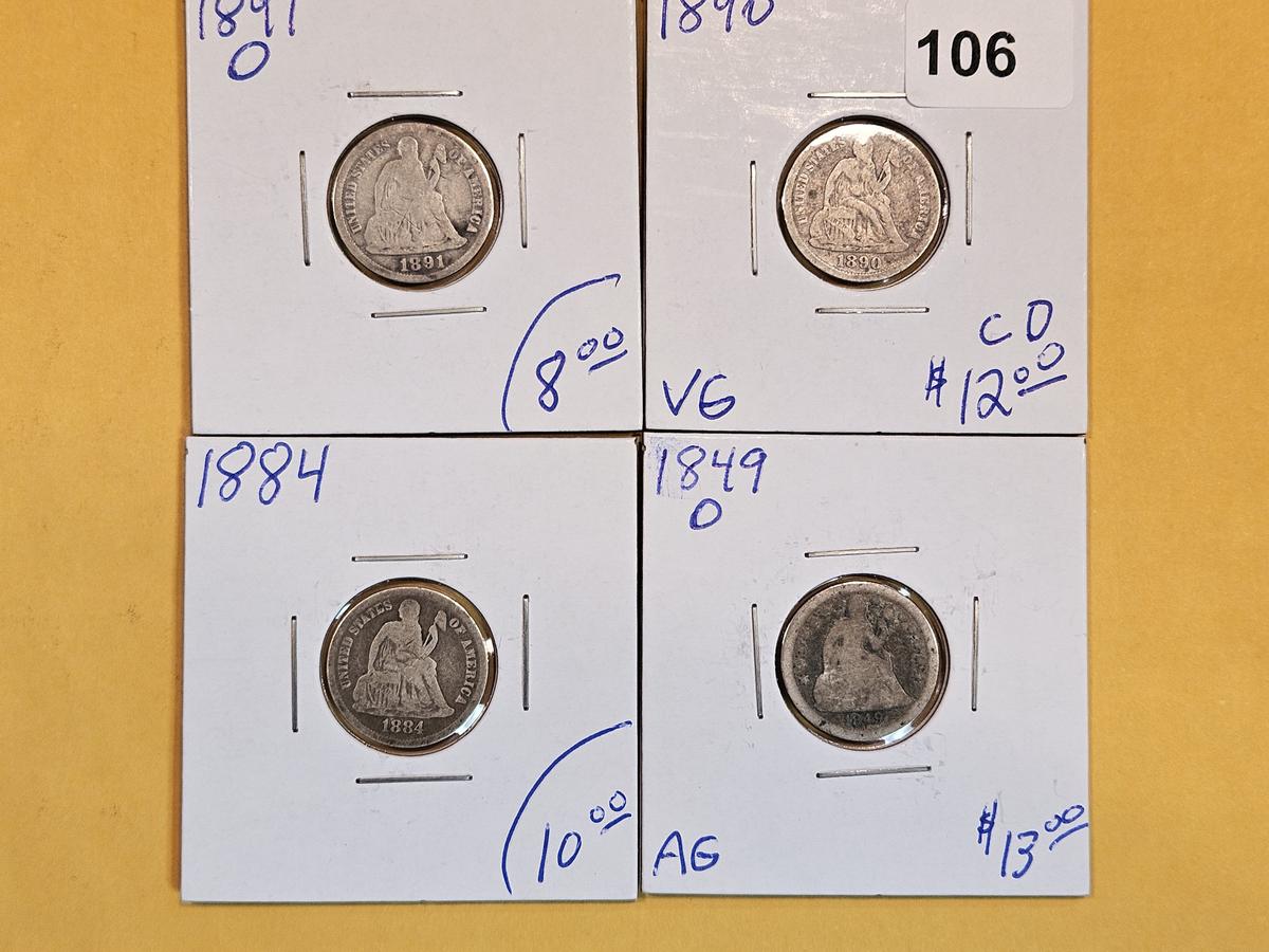 Four mixed Seated Liberty Silver Dimes