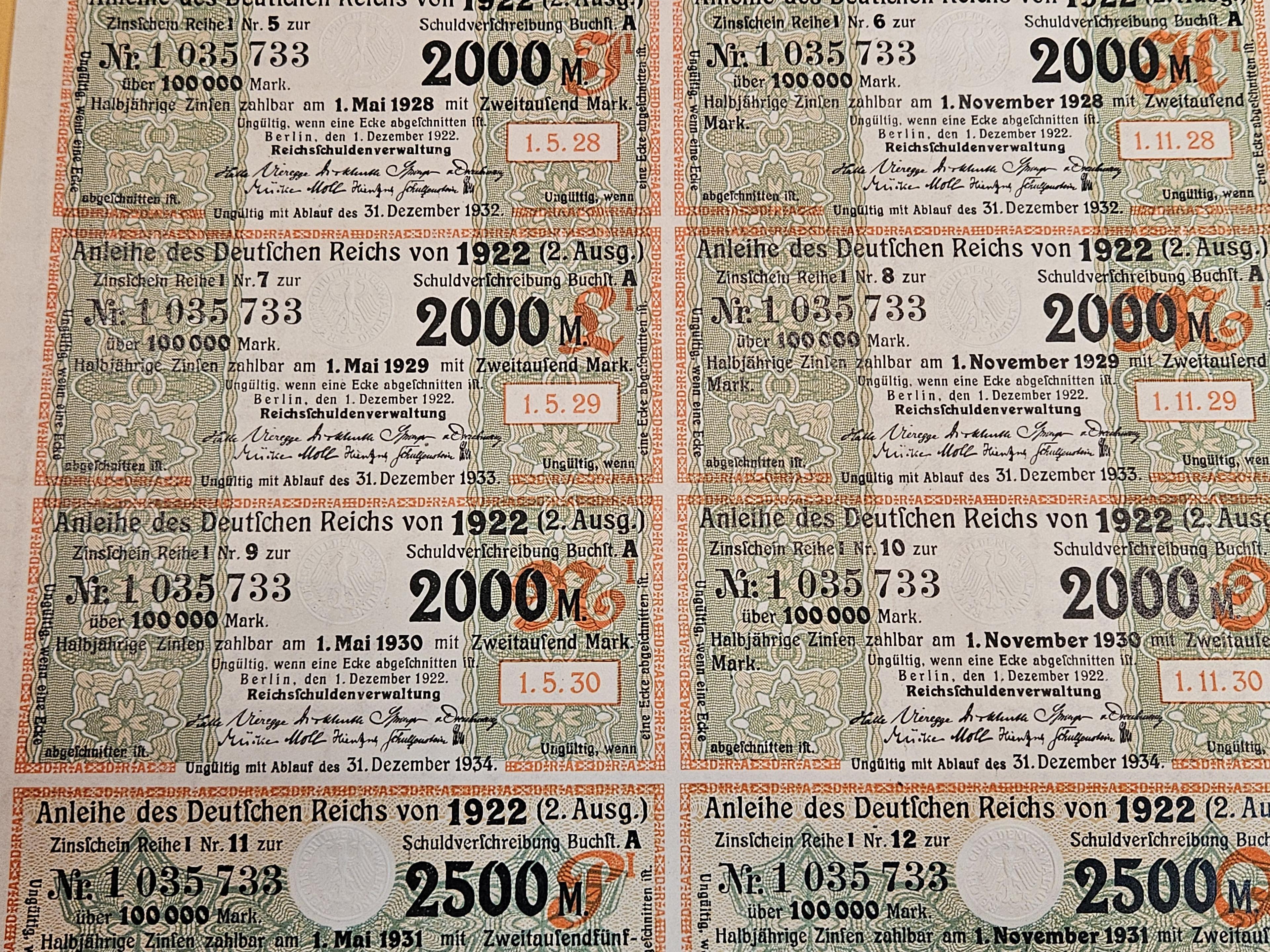 Cool, Uncirculated, 1922 Germany 100,000 Mark Bond with coupon sheet