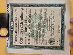 Cool, Uncirculated, 1922 Germany 100,000 Mark Bond with coupon sheet