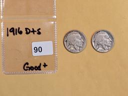 Two Better Date 1916 D and S Buffalo Nickels