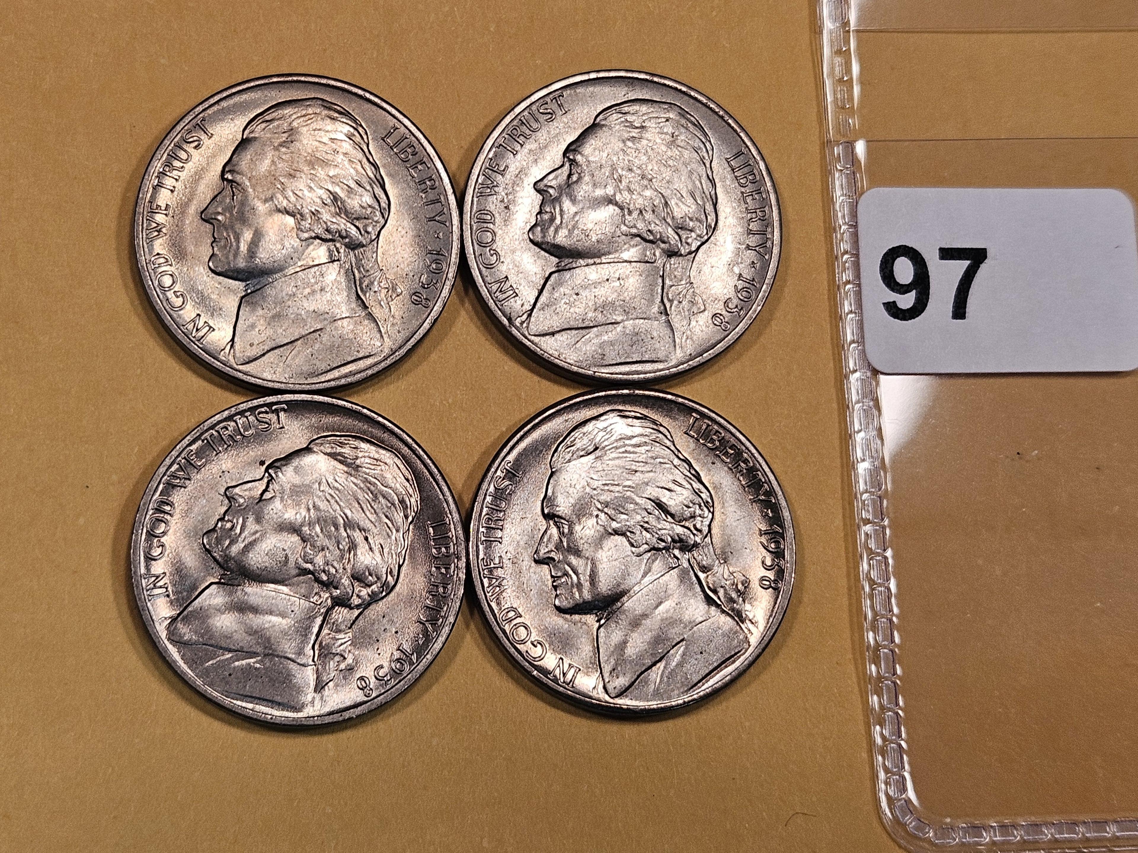 Four Very Choice to GEM Brilliant Uncirculated 1938-D Jefferson Nickels