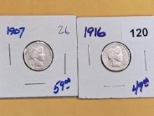 1907 and 1916 Barber Dimes