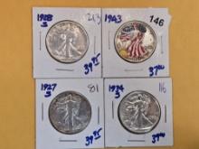 Four mixed Walking Liberty silver half dollars