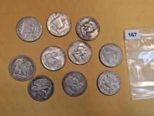 Ten mixed silver half dollars