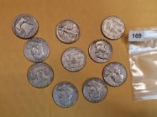 Ten mixed silver half dollars