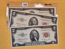 Three CONSECUTIVE, Crisp Uncirculated Two Dollar Red Seal Notes