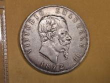 1872 Italy silver 5 lira in Very Fine