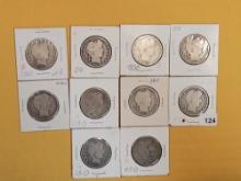 Ten Silver Barber Half Dollars