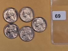 Five Very Choice To GEM brilliant Uncirculated 1938-D Jefferson Nickels