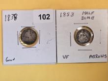 1838 and 1853 Seated Liberty Half Dimes