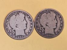 1901 Philly and New Orleans minted silver Barber Half Dollars