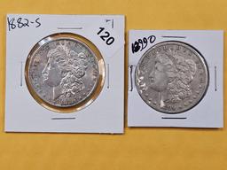 Two About Uncirculated Morgan Silver Dollars