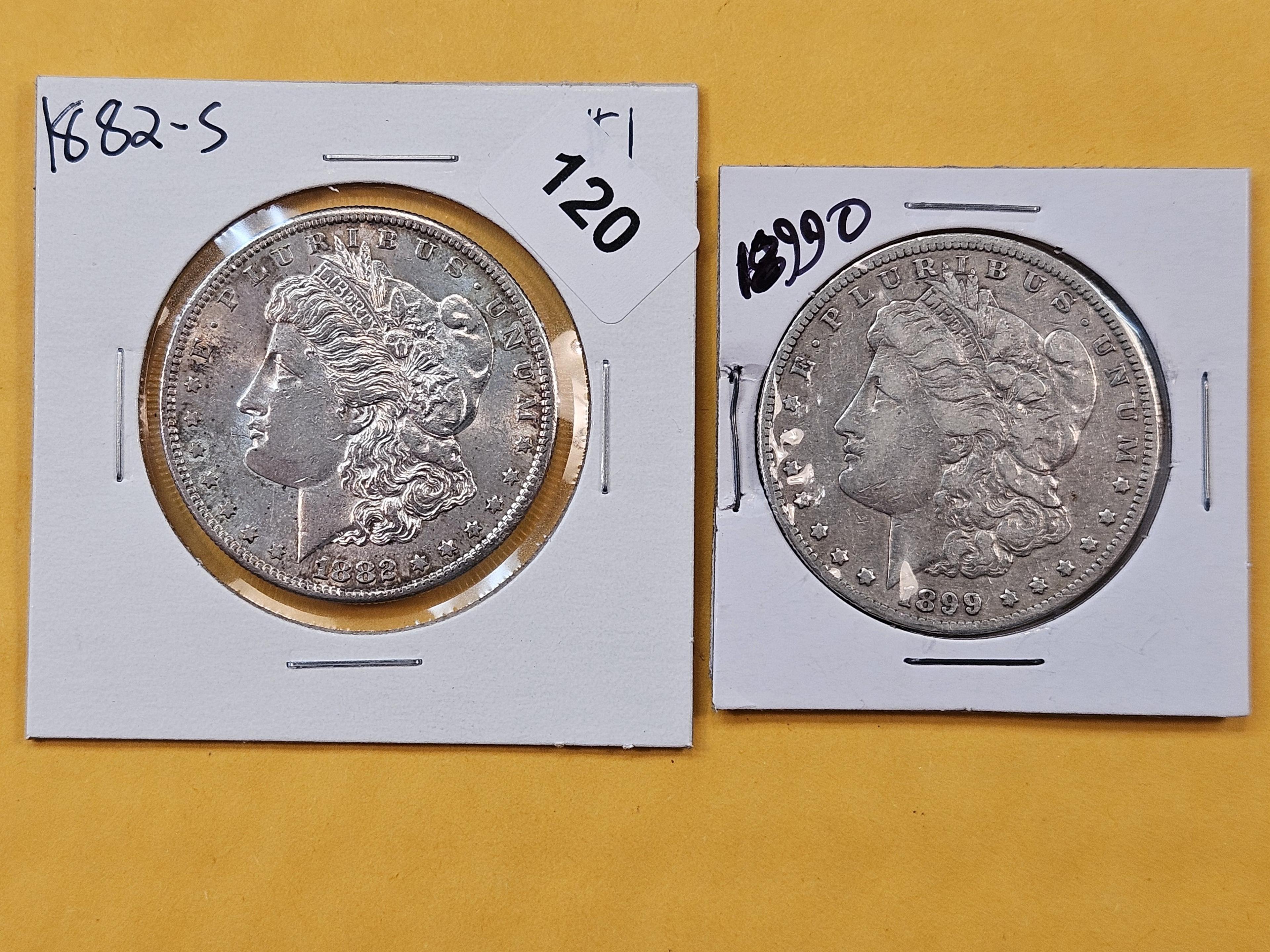 Two About Uncirculated Morgan Silver Dollars
