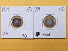 Two Seated Liberty Half Dimes