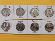 Eight Mixed Half Dollars