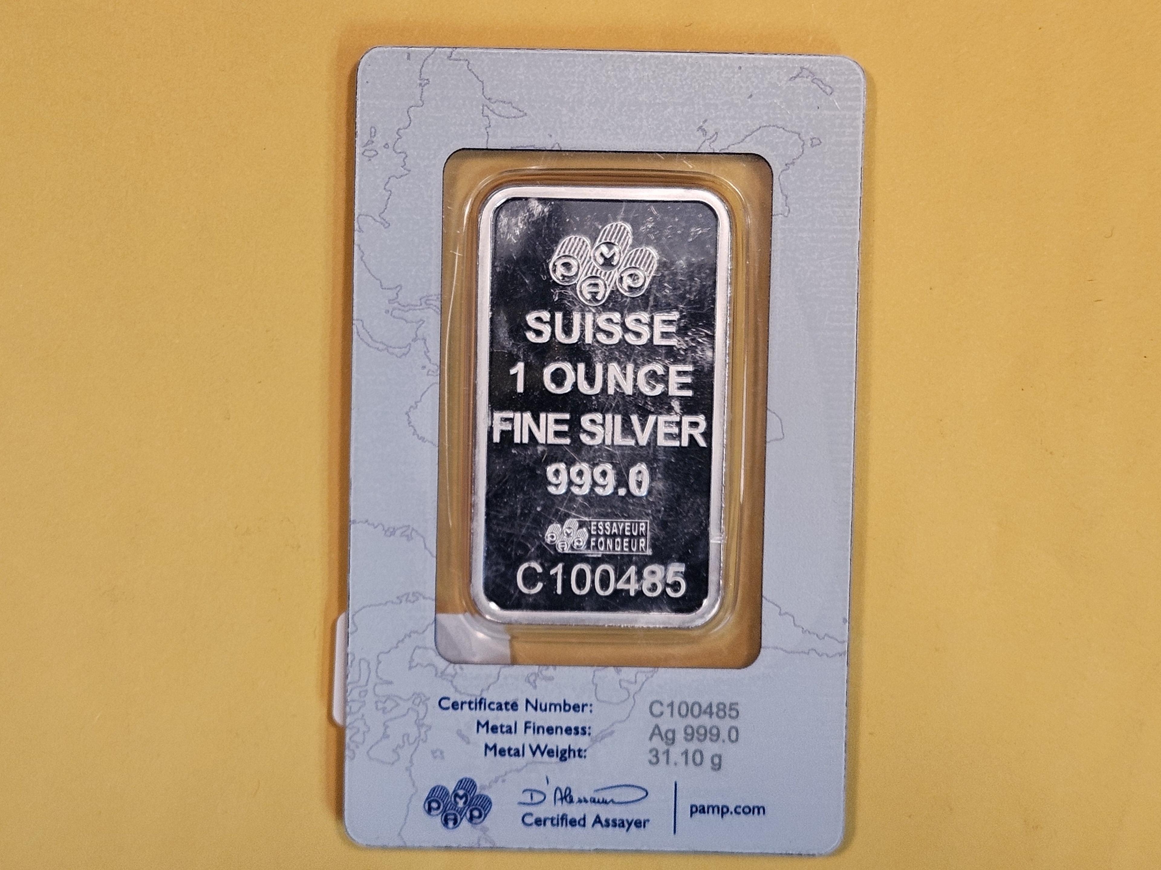 SILVER! PAMP SUISSE One Troy ounce .999 fine silver bar