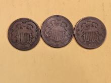 1864, 1865 and 1867 Two Cent pieces