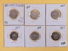 Six mixed Shield Nickels