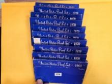 Ten US Proof Sets with Silver Kennedy Half Dollars