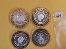 Four Ten Dollar .999 fine silver center Casino Gaming Tokens