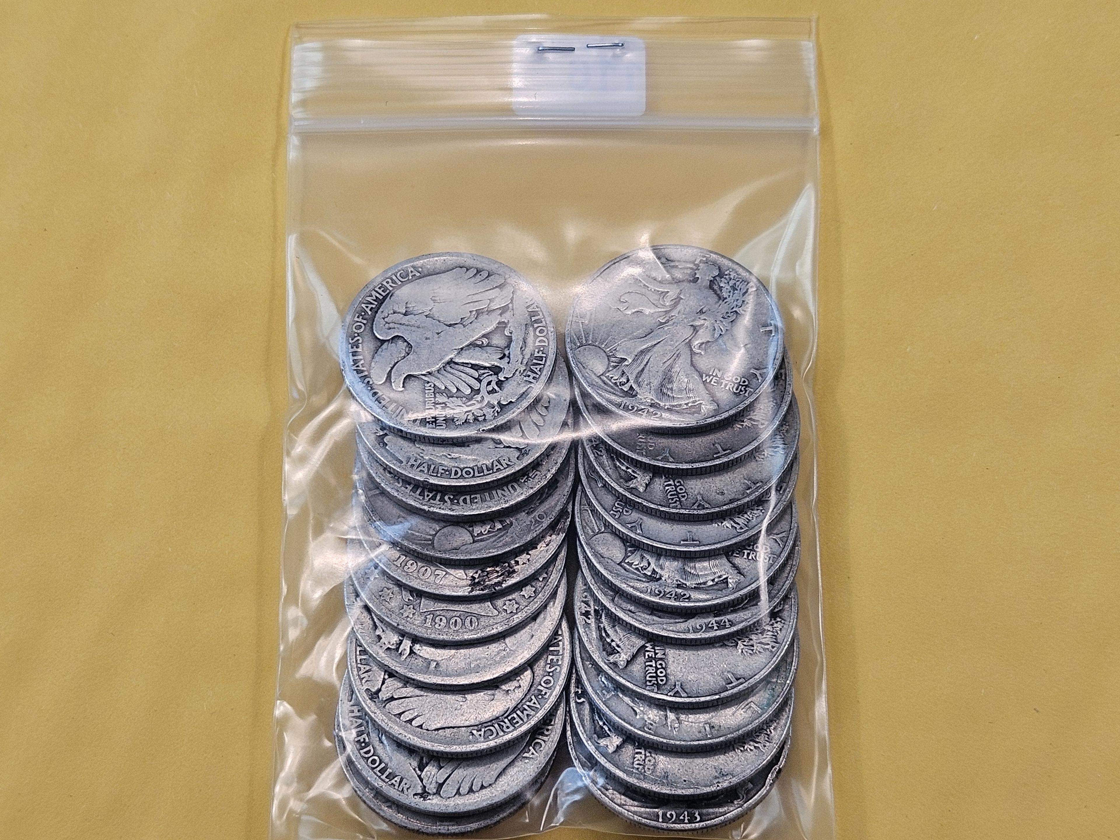 Twenty Mixed Silver Half Dollars, Mostly Walkers