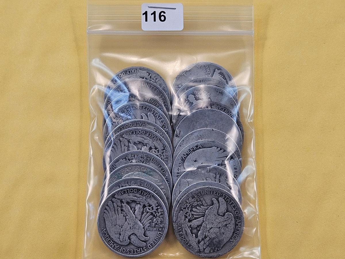 Twenty Mixed Silver Half Dollars, Mostly Walkers