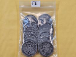 Twenty Mixed Silver Half Dollars, Mostly Walkers