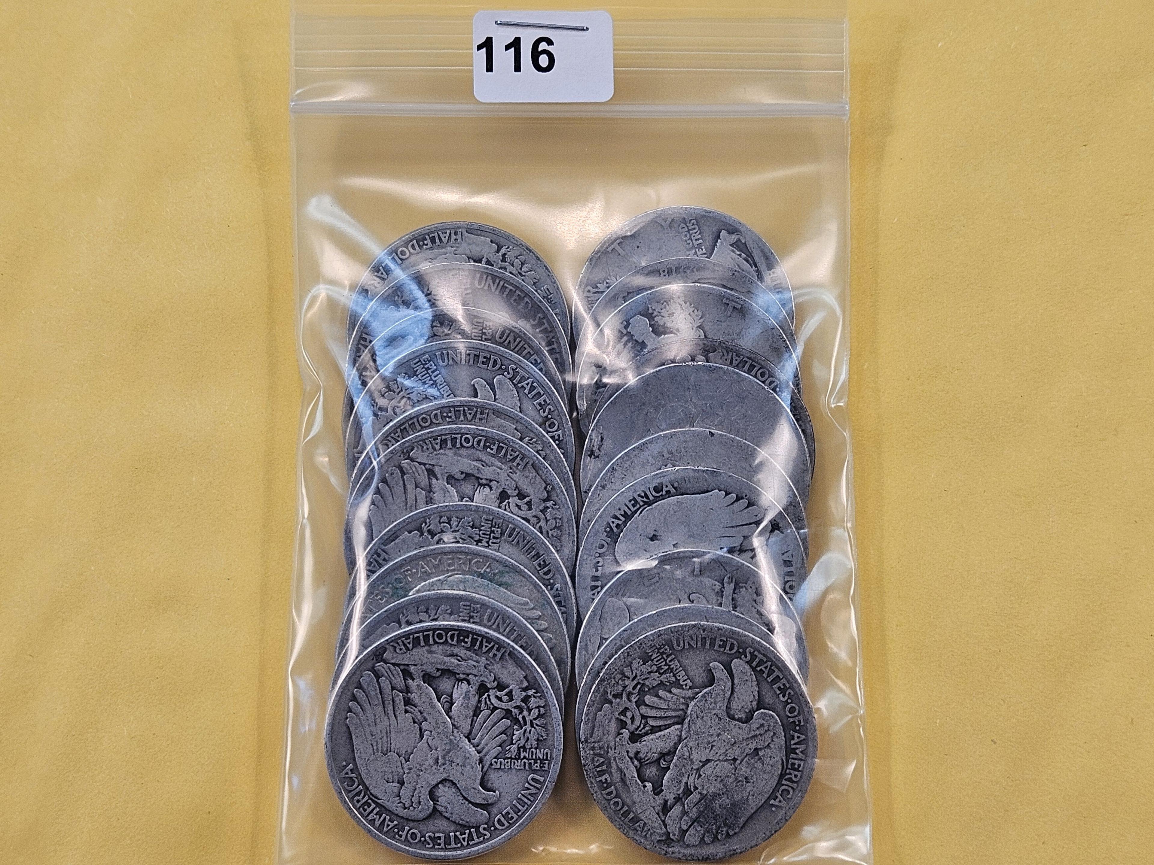 Twenty Mixed Silver Half Dollars, Mostly Walkers