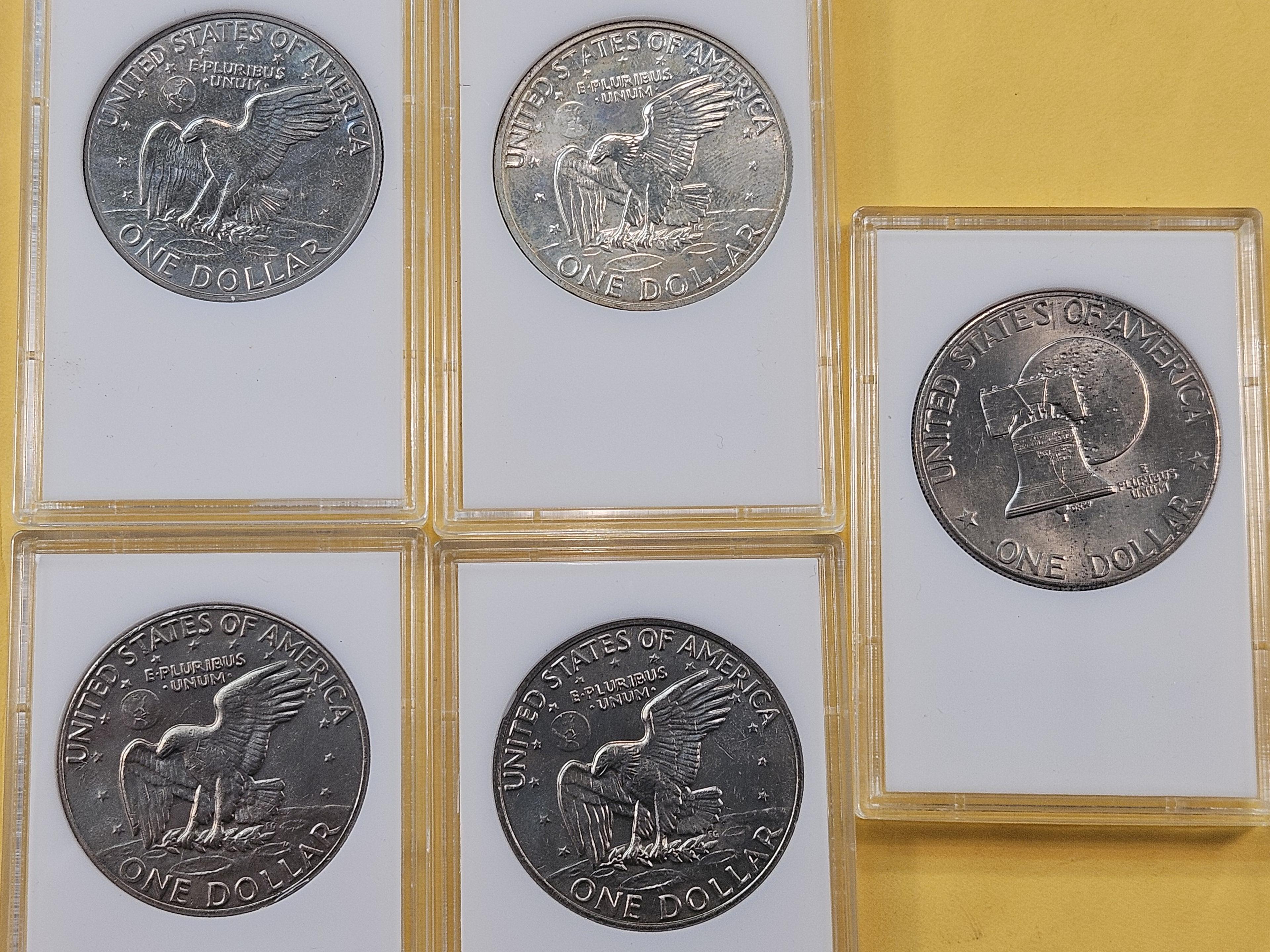 Five Uncirculated Eisenhower Dollars, one Silver