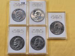 Five Uncirculated Eisenhower Dollars, one Silver