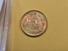 GOLD! Brilliant Uncirculated 1945 Mexican Two Peso Gold