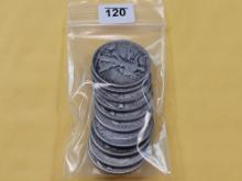 Ten Mixed Silver Half Dollars, Mostly Walkers