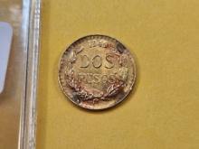 GOLD! Brilliant Uncirculated 1945 Mexican Two Peso Gold