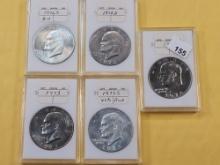Four Uncirculated and One GEM Proof Eisenhower Dollars, Two Silver