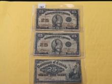 Three Canadian Twenty-five Cent Fractional Currency Notes