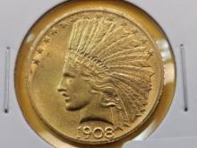 GOLD! Brilliant About Uncirculated 1908 Indian Head Ten Dollar Gold