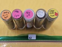 Five Rolls of Circulated Wheat Cents