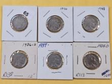 Five Buffalo Nickels and a Liberty V Nickel