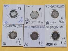 Six Little Better Barber Silver Dimes