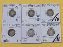 Six Little Better Barber Silver Dimes