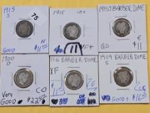Six Little Better Barber Silver Dimes