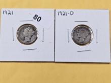 KEY DATES! 1921-D and Semi-key 1921 Mercury Silver Dimes