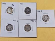 Five Mercury Silver Dimes